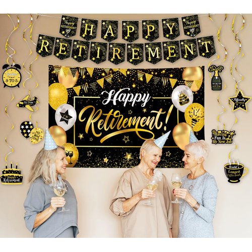 Retirement Party Decorations For Women Men, Black And Gold Happy Retirement Banner Sign Party Supplies, 180cm X110cm Retired Backdrop for parties, 8pcs Hanging Swirl
