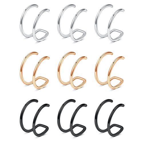 D.Bella Fake Nose Ring Hoop Double Hoop Faux Nose Piercing Stainless Steel Faux Nose Ring Non Piercing Lip Ring Ear Cuff Clip on Helix Cartilage Earring