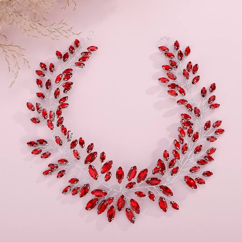 JWICOS Crystal Wedding Headband Bridal Headpiece Hair Vine Wedding Hair Accessories for Bride Women Prom (Red Silver)