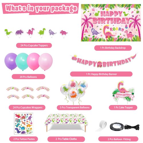 Mpanwen Girl Dinosaur Birthday Party Supplies, Pink Dinosaur Dino Party Decorations for Girls Baby - Backdrop, Banner, Cake, Cupcake Toppers, Cupcakes Wrappers, Balloons and Tablecloth