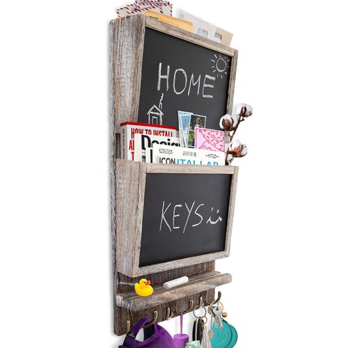 Rustic 2-Slot Mail Sorter Organizer for Wall with Chalkboard Surface & 3 Double Key Hooks - Wooden Wall Mount Mail Holder Organizer – Wall Décor for Entryway Made of Paulownia Wood - Rustic White