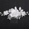 Teyglen Dainty White Flower Headpiece Silver Leaf Wedding Hair Comb Rhinestone Bridal Hair Piece Pearl Floral Side Comb Hair Accessories for Women