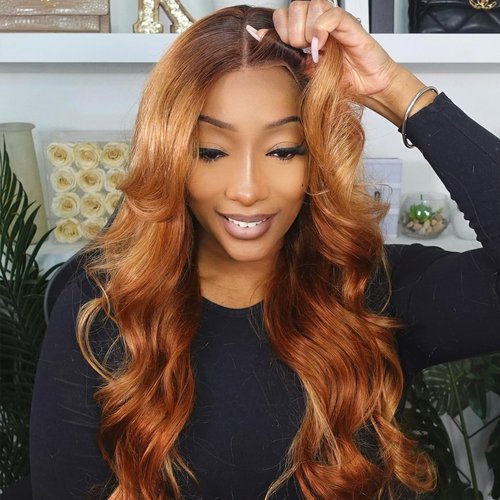 Domiso Ombre Honey Blonde Wear and Go Glueless Wigs Human Hair Pre Plucked Pre Cut Brown Blonde Mixed Lace Front Wigs Body Wave Hair 180% Density Glueless Wigs with Elastic Band for Women 22 Inch