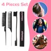 WOWANGEL 4PCS Hair Styling Set - Teasing Brush, Rat Tail Comb, Dual Edge Brush for Brushing, Combing, and Slicking, with Elastic Band - Black