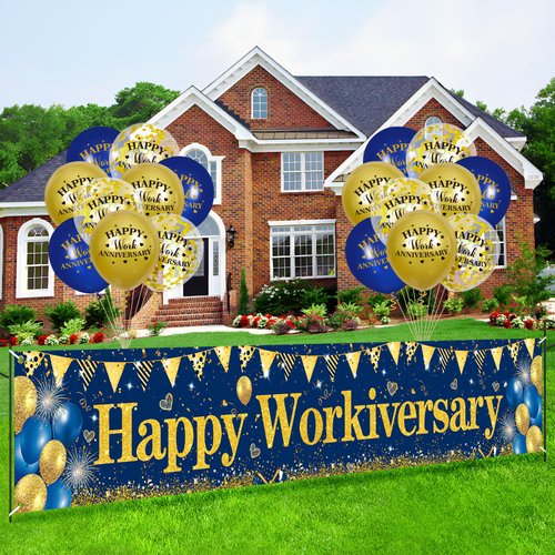 Happy Work Anniversary Decorations Banner Blue Gold Happy Workiversary Banner Yard Sign with 18 Pcs Balloons for Office Anniversary Party Decoration Employee Appreciation Banner Office Party Supplies