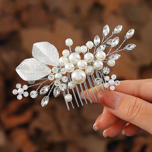 YBSHIN Pearl Bride Wedding Hair Comb Sliver Rhinestone Flower Hair Pieces Crystal Bridal Leaf Hair Accessories for Women and Girls