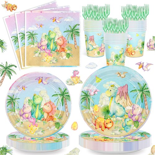 JINHUPANDER 120pcs Dinosaur Party Plates and Napkins Set,Dinosaur Birthday Decorations Tableware for Dinosaur Themes Party Boys and Girls.Serves for 24