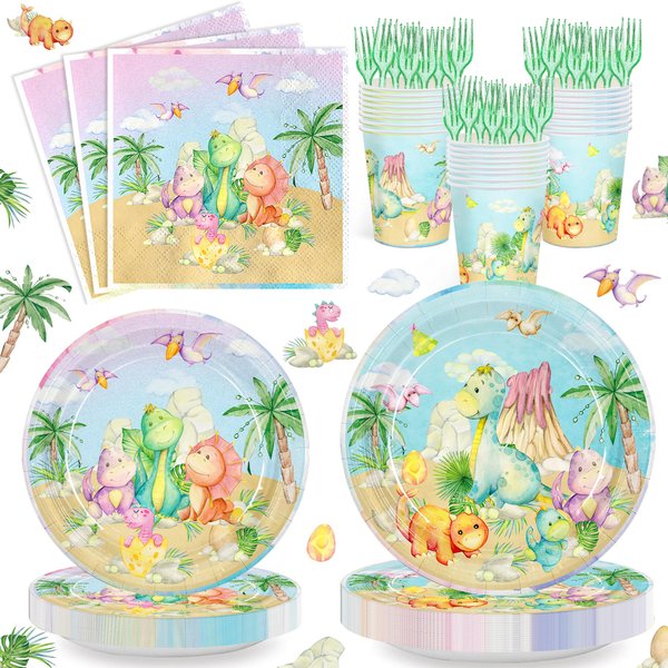 JINHUPANDER 120pcs Dinosaur Party Plates and Napkins Set,Dinosaur Birthday Decorations Tableware for Dinosaur Themes Party Boys and Girls.Serves for 24