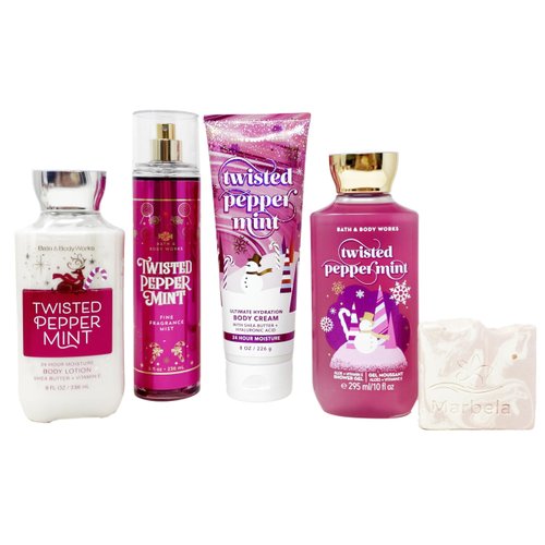 Bath & Body Works Twisted Peppermint - Deluxe Gift Set - Fine Fragrance Mist, Body Cream, Shower Gel and Body Lotion With a Himalayan Salts Springs Sample Soap.