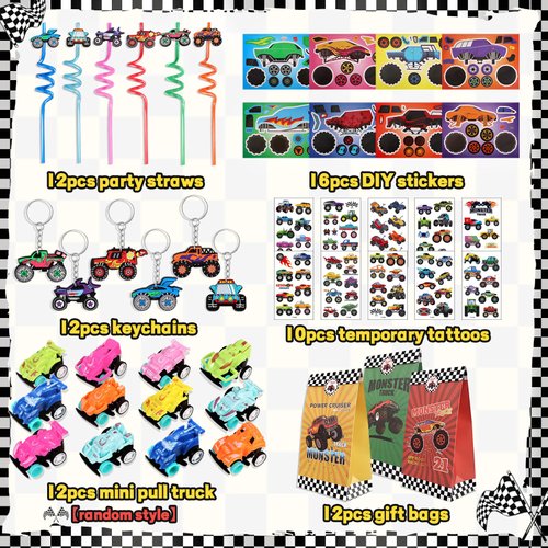 Monster Truck Party Favors Serve 12 including Drinking Straws, Mini Pull Cars, Keychains, Gift Bags, DIY Stickers, Temporary Tattoos, Monster Truck Party Supplies for Kids, Boys, Birthday