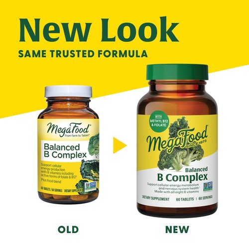 MegaFood Balanced B Complex - B Complex Vitamin Supplement - 8 B Vitamins Including Vitamin B6, Vitamin B12, Folate, Biotin & More - Supports Cellular Energy Production - Vegan, Gluten Free - 60 Tabs