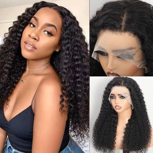 20 Inch 200% Density HD Curly Lace Front Wig Human Hair Deep Wave Wig 13x4 Lace Frontal Wigs Human Hair Curly Wigs for Black Women Pre Plucked with Baby Hair Natural Hairline Natural Color 20 Inch