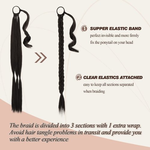 BARSDAR 26 Inch Long Braided Ponytail Extension with Hair Tie Straight Wrap Around Hair Extensions Pony Tail DIY Natural Soft Synthetic Hair Piece for Women -Dark Brown