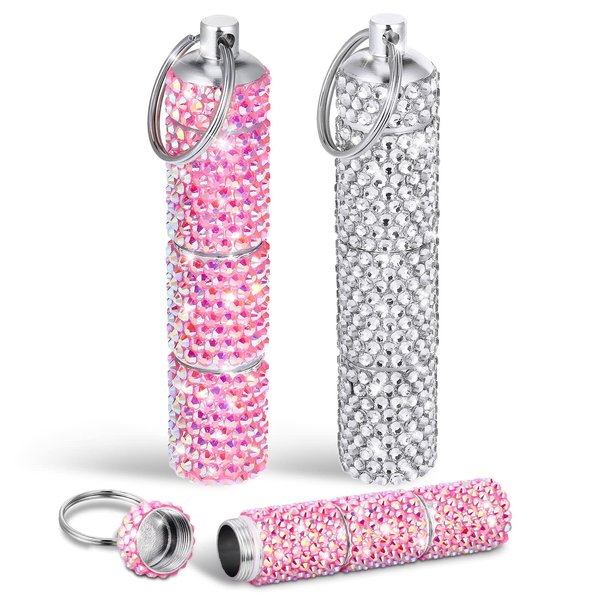 Vesici 2 Pcs Bling Pill Case with Keychain Rhinestone Pill Container Portable Pill Holder Keychain Small Glitter Pill Bottle Waterproof Pill Case Keychain for Outdoor(Pink, White AB, 3 Compartments)