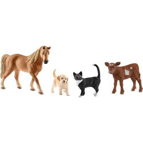 Schleich Farm World 4pc Animal Figurine Starter Playset - Educational Farm Animal Collection Starter Kit Toy with Cat, Horse, Puppy, and Calf, Durable for Boys and Girls, Gift for Kids Ages 3+
