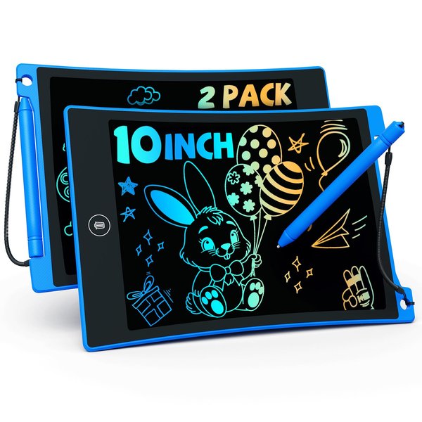 TEKFUN 2 Pack LCD Writing Tablet with Anti-Lost Stylus, 10in Erasable Doodle Board Coloring Drawing Pad for Kids, Car Trip Educational Toys Birthday Gift for 3 4 5 6 7 Girls Boys Toddler (2*Blue)