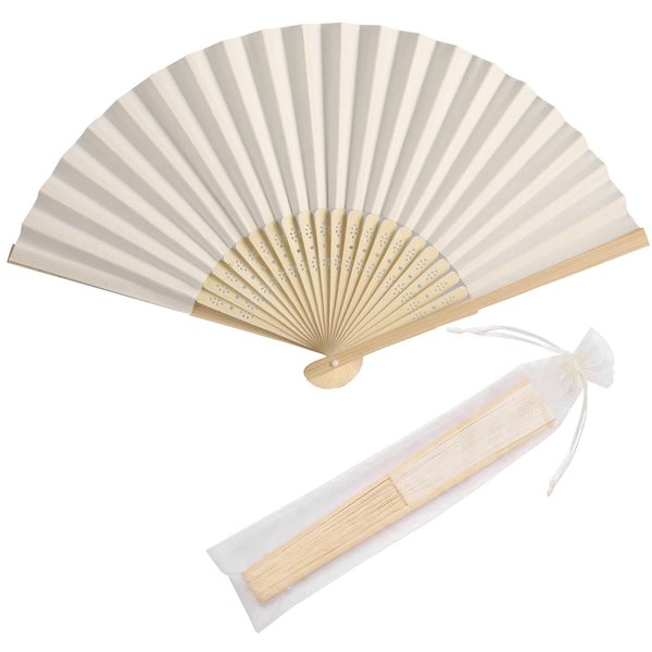 SL crafts 50pcs Paper Hand Fan with Gift Bags Bamboo Handheld Folded Fan Decorative Paper Fan Wedding Party Favors (Cream)