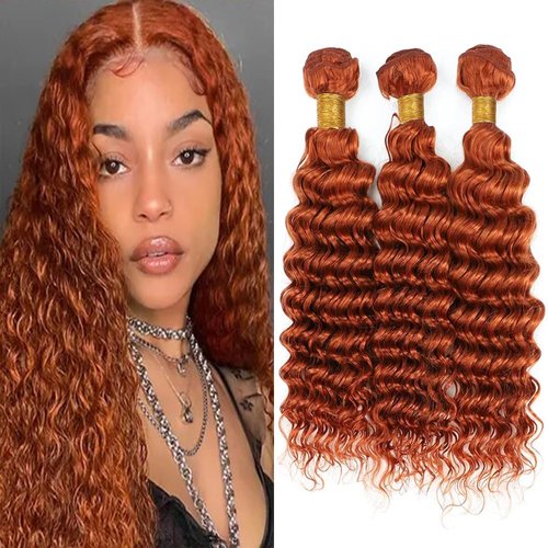 Ginger Orange Human Hair Deep Wave Bundles Color 350 Bundles Dark Orange Bundles Deep Wave Human Hair 24 26 28 Inch Copper Red Double Weft Brazilian Real Remy Hair Extensions