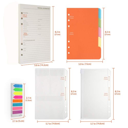 A5 Refill Paper, 200 Lined Pages, 5 Tabs Binder Divider, 160 PCS Index Tabs with Ruler, 2 PCS PVC Pockets, Binder Inserts for Refillable Planner Organizer