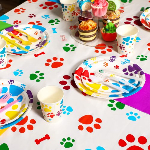 Tegeme 3 Pieces Puppy Dog Paw Print Plastic Tablecloth Table Cover, Dog Paw Print Party Supplies, Multicolor Dog Decorations for Dog Birthday Baby Shower Party