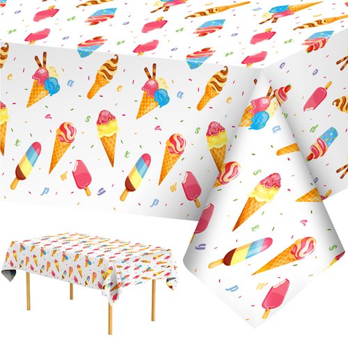 Ice Cream Party Decorations Tablecloth - 2 Pcs Ice Cream Table Cloth, Disposable Plastic Rectangle Summer Icecream Themed Table Cover for Kids Birthday Party Supplies Favors Table Decor, 108x54Inch