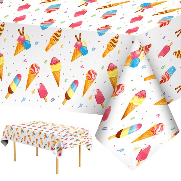 Ice Cream Party Decorations Tablecloth - 2 Pcs Ice Cream Table Cloth, Disposable Plastic Rectangle Summer Icecream Themed Table Cover for Kids Birthday Party Supplies Favors Table Decor, 108x54Inch