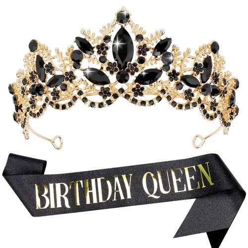 Birthday Crowns for Women, Aprince Birthday Tiaras for Women Crowns and Tiaras for Women Girls Birthday Crown and Birthday Queen Sash Black Crown Queen tiara for Wedding Prom Party Halloween