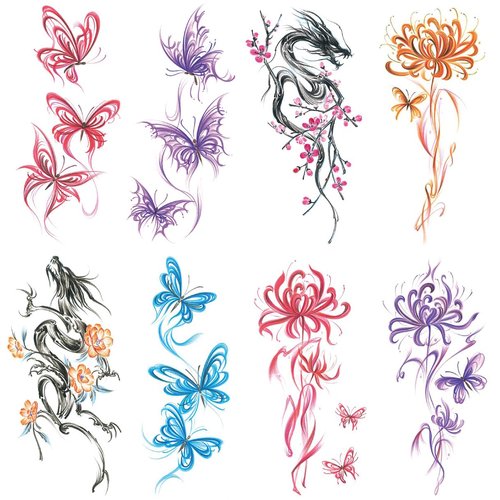 Oottati 8 Sheets Arm Waterproof Temporary Tattoos Colorful Red Blue Purple Orange Butterfly Bianan Flower Dragon