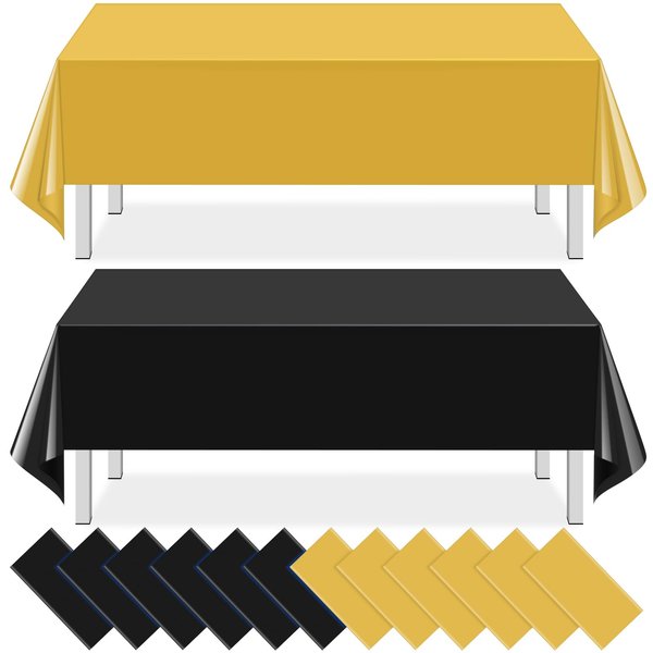 12 Pcs Black and Gold Plastic Tablecloths Bulk,54 x 108 Inch Disposable Rectangle Party Table Cloth Waterproof Table Cover for Birthday Wedding Anniversary Graduation Party Decorations Supplies