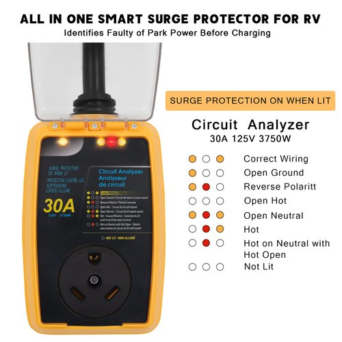 rv Surge Protector 30 Amp Smart RV Surge Protector with Waterproof Cover All-in-1 Circuit Analyzer Power Guard for RV, Camper, Trailer, Truck, Motorboat, Yacht, Mobilhome