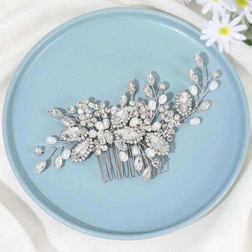 Easedaily Crystal Bride Wedding Hair Comb Silver Rhinestone Bridal Hair Piece Pearl Side Combs Hair Accessories for Women and Girls