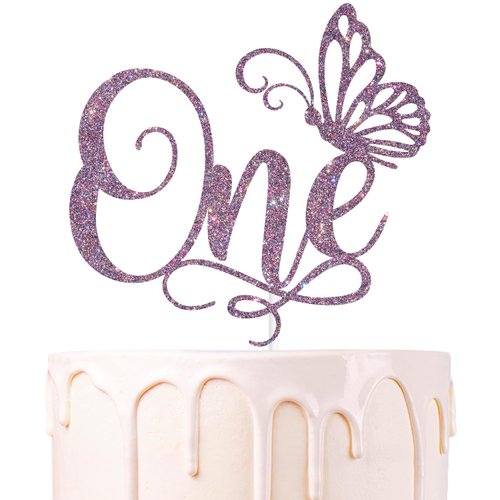 Purple Glitter Butterfly One Cake Topper, Butterfly Happy 1st birthday/Cheers to 1 Year, Butterfly Spring Flower Themed Baby's 1st Birthday Party Decorations Supplies