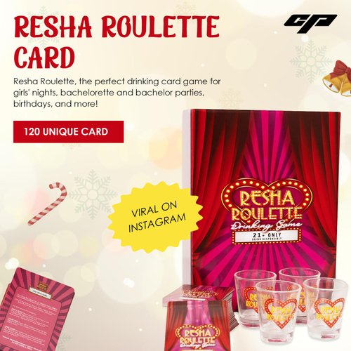 Caresha Please Resha Roulette Card, A Drinking Card Game for Parties and More, Includes 120 Cards and 4 Shot Glasses, Adult Drinking Game, Roulette Shot Drunk Lovers Card Game