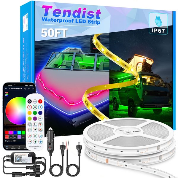 TENDIST LED Boat Lights Strip 50FT, IP67 Marine LED Strip Pontoon Boat Light App Control, 12V RGB Waterproof Boat Interior Light, Night Fishing Lighting for Bass Boat, Kayak, Jon Boat, Deck