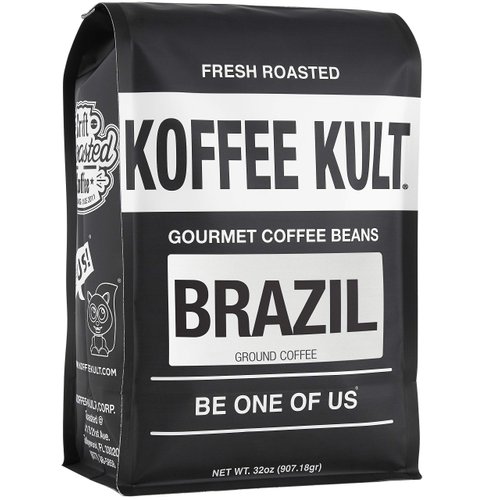 Koffee Kult Brazil Coffee Beans Ground Medium Roast - 100% Single Origin Brazilian Coffee - Fresh Artisan Roasted (Ground, 32oz)