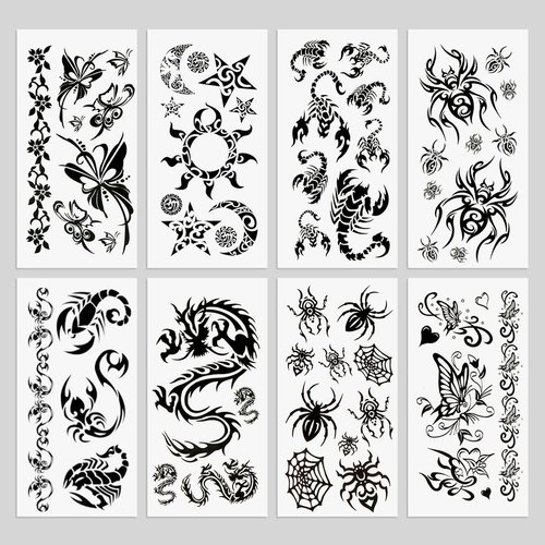 Oottati 8 Sheets Black Totem Temporary Tattoos Stickers Butterfly Sun Dragon Spider Scorpion