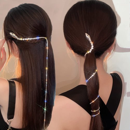 2 PCS Full Rhinestone Snake Hair Chains Sparkle Long Tassel Crystal Headband Hair Accessories Jewelry, Punk Tassel Hair Clips Silver Decorative Hair Clips for Women Girls Wedding Party Nightclub Party