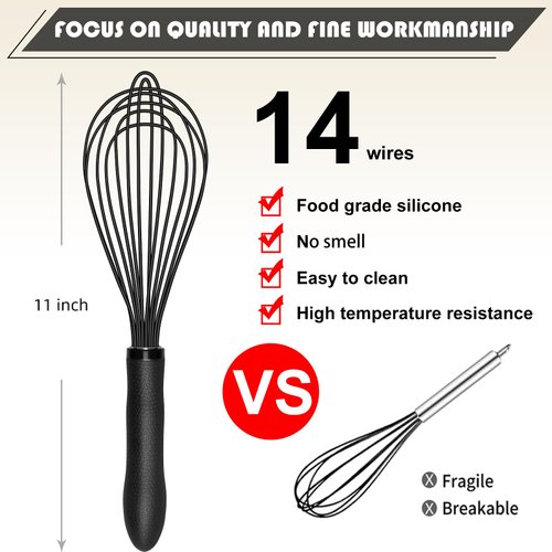 TEEVEA Silicone Whisk,Kitchen Silicone Whisks for Cooking Non Scratch,Wisking Tool Metal Wire Stainless Steel Whisk Egg Bread Silicone Wisk,Small Mini Heat Resistant Whisk 11-Inch,Black