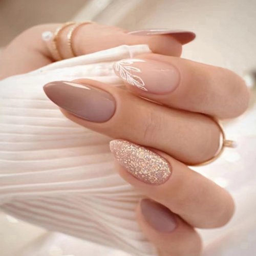 24 Pcs Light Brown Press on Nails Short Almond - SHANRUN Cute Fake Nails Press ons Leaves French ...
