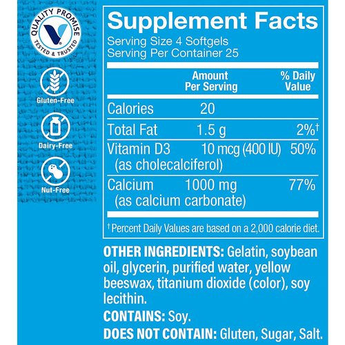 The Vitamin Shoppe Calcium 1,000MG, Easy to Swallow Softgels, Supports Bone & Teeth with 400IU of Vitamin D (100 Softgels)