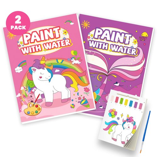 Gocozer 2PCS Paint with Water Books for Kids, Unicorn & Mermaid Watercolor Paint Book Set for Kids,Toddlers Water Color Coloring Painting Drawing Set,Mess Free Toys Gifts for Girls Age 3 4 5 6 7 8
