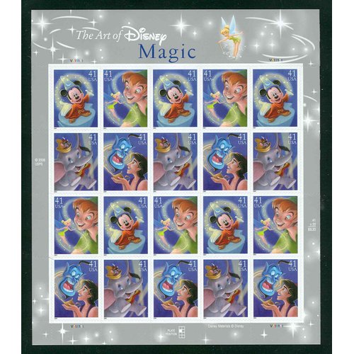 The Art of Disney: Magic, Full Sheet of 20 x 41-Cent Postage Stamps, USA 2007, Scott 4192-95
