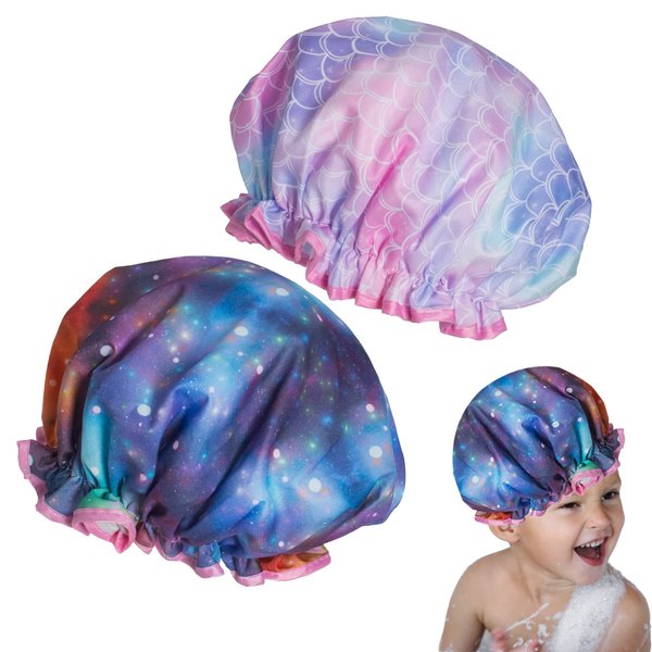 Qeuly Shower Cap for Kids, 2 Pack Kids Shower Caps Reusable Double Layer Waterproof Toddler Shower Cap, Elastic Band Kids Bonnets for Girls and Boys (Galaxy + Mermaid)