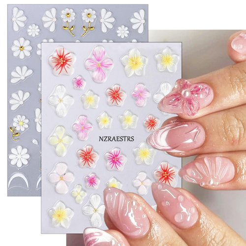 Embossed Flower Nail Art Stickers 5D Self-Adhesive Gold Daisy Nail Decals Colorful Hibiscus Flowe...