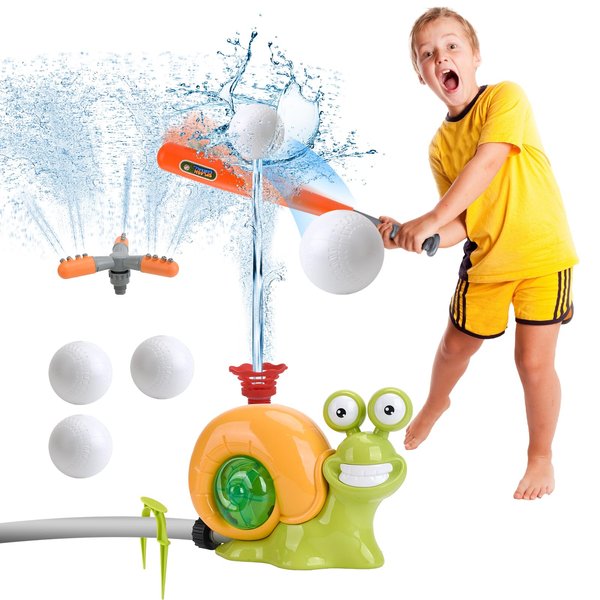 XONTEUS 2 in 1 Outdoor Water Sprinkler Baseball Toy for Kids and Toddler, Backyard 360° Roating Snail Sprinkler Toy Tee Ball Games,Summer Splashing Fun Toys for 3 4 5 6 7 8 Year Old Boys Girls Gift