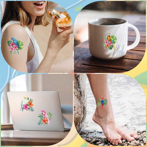 Parrot Bird Temporary Tattoo Stickers, Colorful Flower Macaw Fake Tattoos Tropical Themed Birthday Party Decorations Supplies Favors For Kids Adult Women