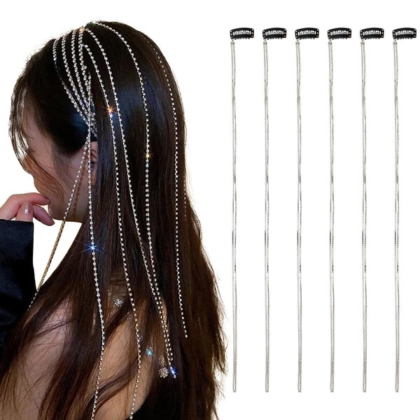 6 Pcs Rhinestone Hair Chain, Shiny Punk Tassel Hair Clip, Crystal Hair Extension Accessories for Women and Girls' Party, Nightclub, Wedding and Daily Headwear.