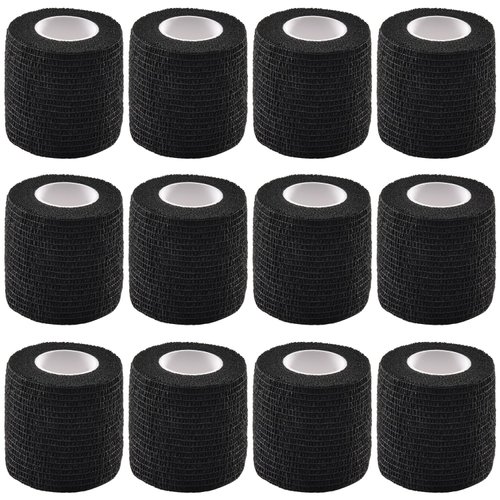 12 Pieces Self Adhesive Bandage Wrap Tape Stretch Self Adherent Cohesive Toe Tape for Sports, Wrist, Ankle, 5 Yards Each (Black, 2 Inches)