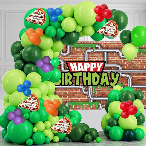 Turtle Birthday Party Supplies party decoration 152pcs Green Turtle Balloon Garland Arch Kit,Include Turtle Balloons Arch, Pizza Foil Balloon,1 pcs 59 * 39in turtle Birthday backdrop