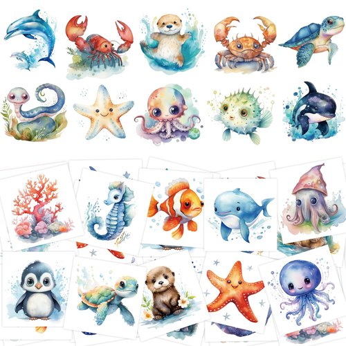 140Pcs Ocean Animals Temporary Tattoos for Kids Under the Sea Creature Individual Tattoos for Ocean Theme Birthday Party Decoration Favors Baby Shower Supplies Goodie Bag Stuffers